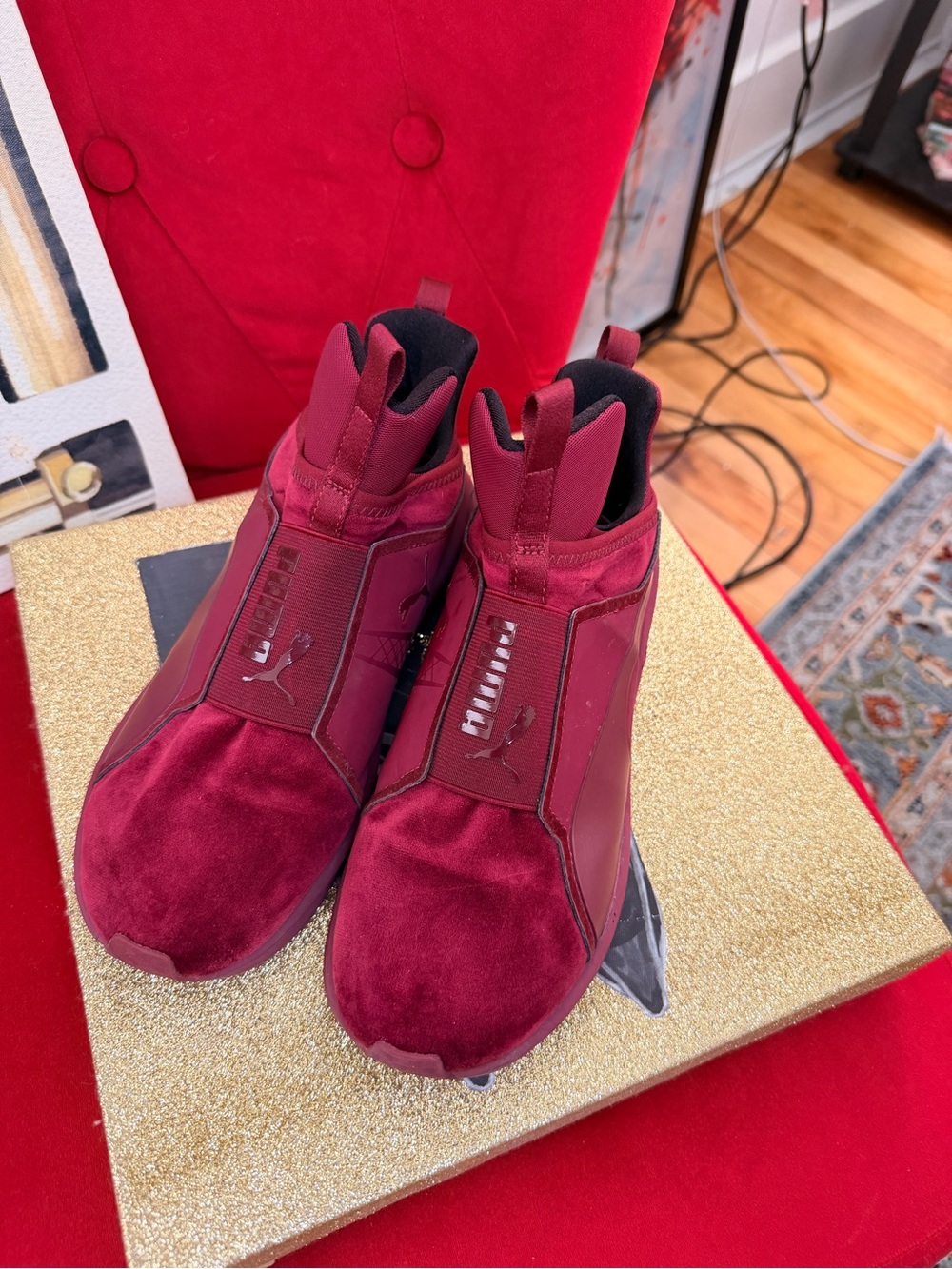 Puma Slip-On Velvet Sneakers in Burgundy